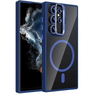 Samsung Galaxy S22 Ultra Kılıf Standlı ve Kamera Lens Hediyeli M-Safe Şarj Özellikli Etro Kapak - Lacivert