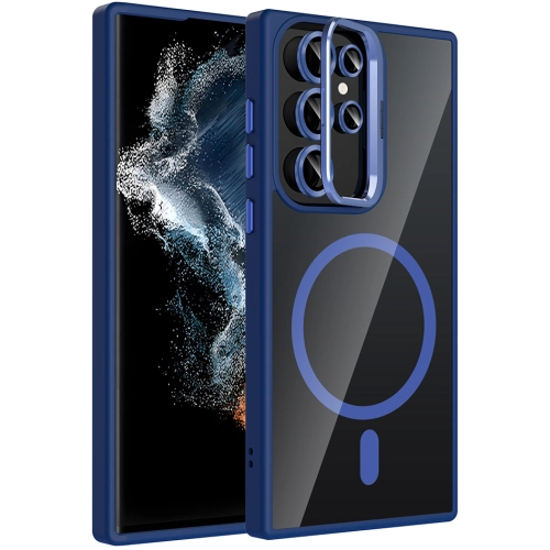 Samsung Galaxy S22 Ultra Kılıf Standlı ve Kamera Lens Hediyeli M-Safe Şarj Özellikli Etro Kapak - Lacivert