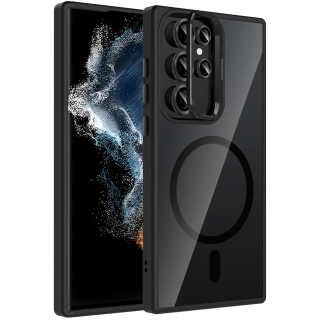 Samsung Galaxy S22 Ultra Kılıf Standlı ve Kamera Lens Hediyeli M-Safe Şarj Özellikli Etro Kapak - Siyah