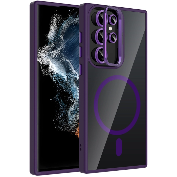 Samsung Galaxy S23 Ultra Kılıf Standlı ve Kamera Lens Hediyeli M-Safe Şarj Özellikli Etro Kapak - Derin Mor