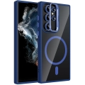 Samsung Galaxy S23 Ultra Kılıf Standlı ve Kamera Lens Hediyeli M-Safe Şarj Özellikli Etro Kapak - Lacivert