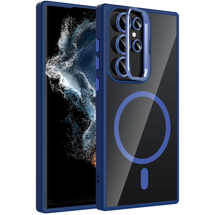 Samsung Galaxy S23 Ultra Kılıf Standlı ve Kamera Lens Hediyeli M-Safe Şarj Özellikli Etro Kapak - Lacivert