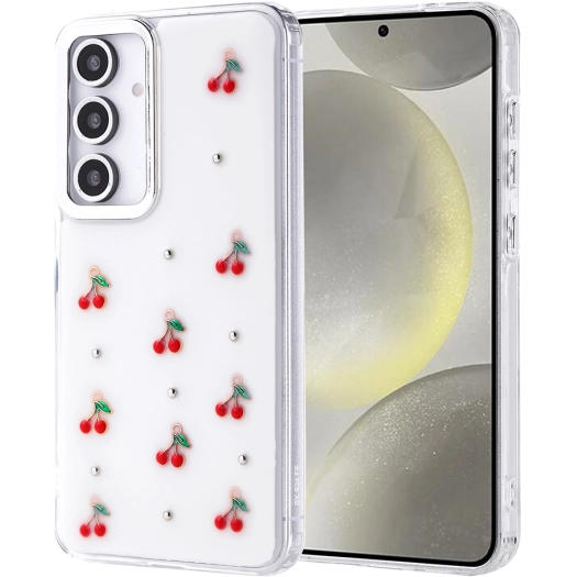 Samsung Galaxy S24 FE Kılıf Airbag Tasarımlı Simli Şeffaf Zore Kutup Kapak - Kiraz