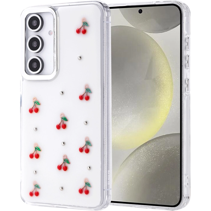 Samsung Galaxy S24 FE Kılıf Airbag Tasarımlı Simli Şeffaf Zore Kutup Kapak - Kiraz