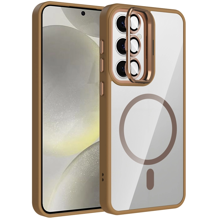 Samsung Galaxy S24 FE Kılıf Standlı ve Kamera Lens Hediyeli M-Safe Şarj Özellikli Etro Kapak - Desert Titanyum