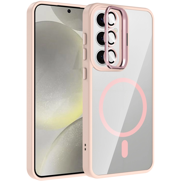 Samsung Galaxy S24 FE Kılıf Standlı ve Kamera Lens Hediyeli M-Safe Şarj Özellikli Etro Kapak - Pembe