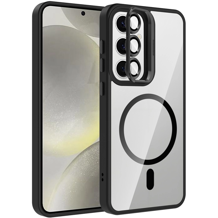 Samsung Galaxy S24 FE Kılıf Standlı ve Kamera Lens Hediyeli M-Safe Şarj Özellikli Etro Kapak - Siyah