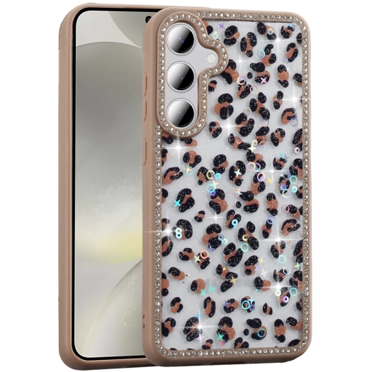 Samsung Galaxy S24 FE Kılıf Taşlı ve Simli Tasarım Lux Işıltılı Azra Kapak - Gold