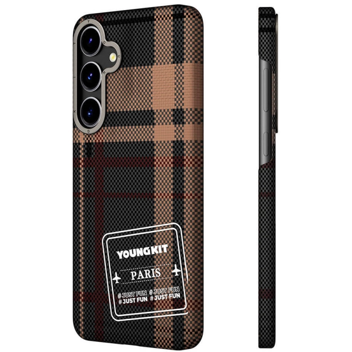 Samsung Galaxy S24 Kılıf Ekose Desenli Youngkit Gezhi Serisi Kapak - Kahverengi