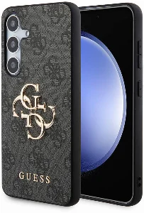 Samsung Galaxy S24 Kılıf Guess Orjinal Lisanslı PU Deri Yazı ve 4G Metal Logolu Desenli Kapak - Siyah