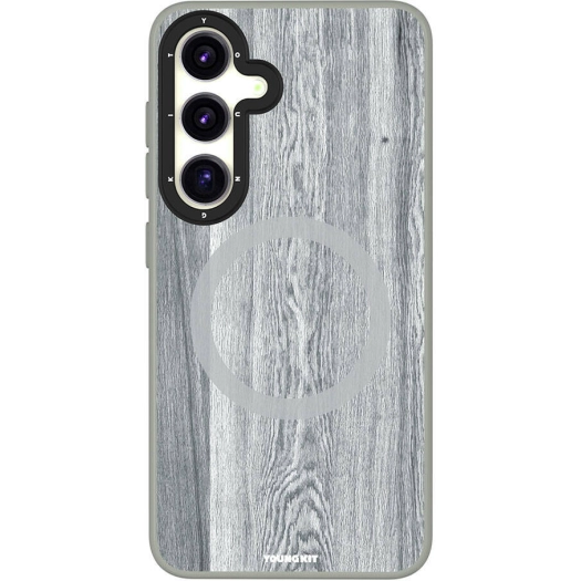 Samsung Galaxy S24 Kılıf Magsafe Şarj Özellikli Sararmaya Dayanıklı Youngkit Wood Forest Serisi Kapak - Gri