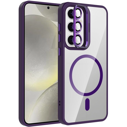 Samsung Galaxy S24 Kılıf Standlı ve Kamera Lens Hediyeli M-Safe Şarj Özellikli Etro Kapak - Derin Mor