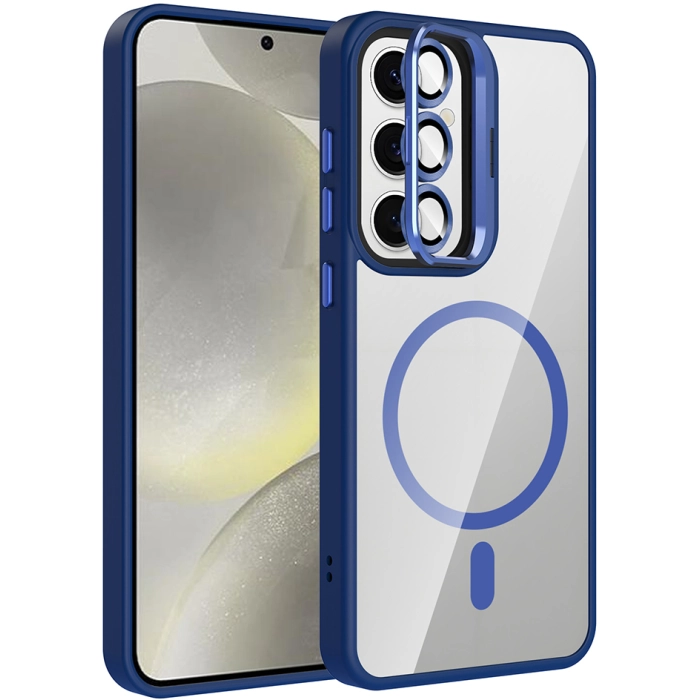 Samsung Galaxy S24 Kılıf Standlı ve Kamera Lens Hediyeli M-Safe Şarj Özellikli Etro Kapak - Lacivert