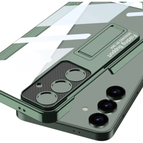 Samsung Galaxy S24 Plus Kılıf Kamera Korumalı Şeffaf Tasarımlı Lego Standlı Kapak - Yeşil