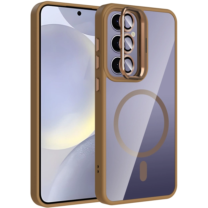 Samsung Galaxy S24 Plus Kılıf Standlı ve Kamera Lens Hediyeli M-Safe Şarj Özellikli Etro Kapak - Desert Titanyum