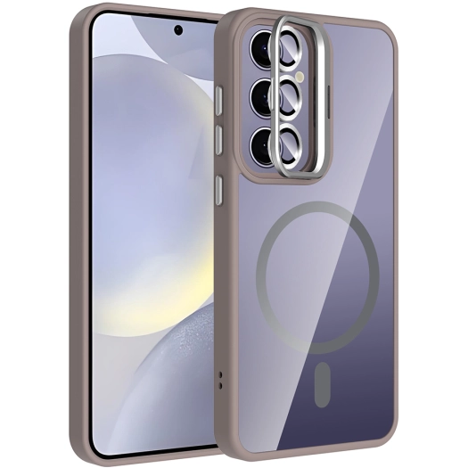 Samsung Galaxy S24 Plus Kılıf Standlı ve Kamera Lens Hediyeli M-Safe Şarj Özellikli Etro Kapak - Gri