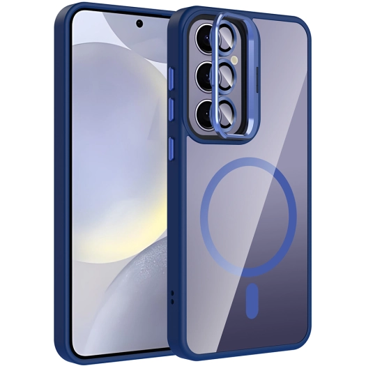 Samsung Galaxy S24 Plus Kılıf Standlı ve Kamera Lens Hediyeli M-Safe Şarj Özellikli Etro Kapak - Lacivert