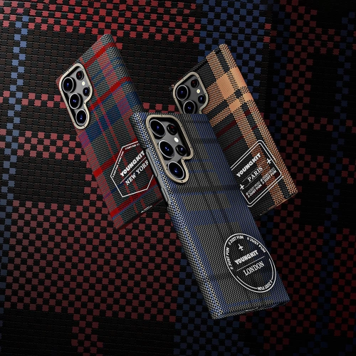 Samsung Galaxy S24 Ultra Kılıf Ekose Desenli Youngkit Gezhi Serisi Kapak - Kırmızı