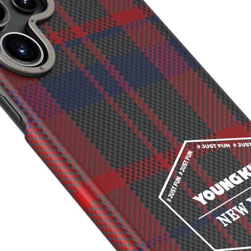 Samsung Galaxy S24 Ultra Kılıf Ekose Desenli Youngkit Gezhi Serisi Kapak - Kırmızı