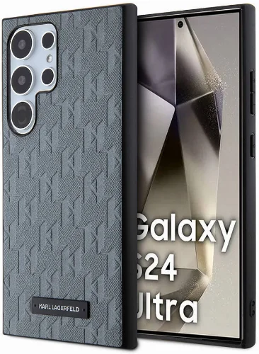 Samsung Galaxy S24 Ultra Kılıf Karl Lagerfeld Orjinal Lisanslı Saffiano Monogram Metal Logo Kapak - Gri