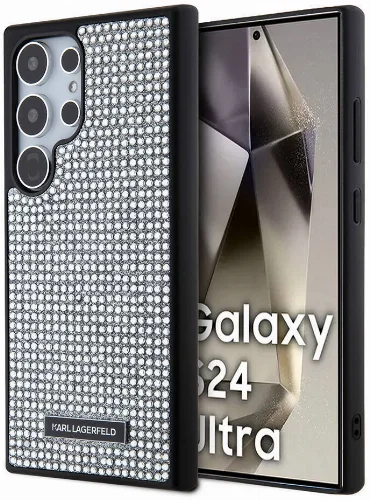 Samsung Galaxy S24 Ultra Kılıf Karl Lagerfeld Taşlı Metal Logo Orjinal Lisanslı Kapak - Gümüş