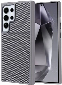 Samsung Galaxy S24 Ultra Kılıf Magsafe Şarj Özellikli Karbon Fiber Görünümlü Zore Troy Kapak - Gümüş