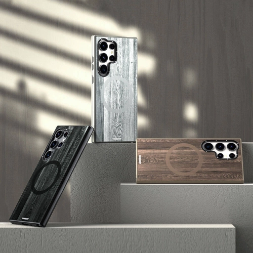 Samsung Galaxy S24 Ultra Kılıf Magsafe Şarj Özellikli Sararmaya Dayanıklı Youngkit Wood Forest Serisi Kapak - Gri