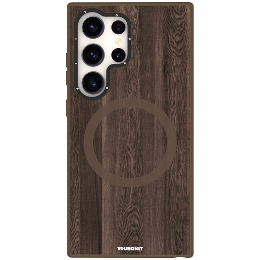 Samsung Galaxy S24 Ultra Kılıf Magsafe Şarj Özellikli Sararmaya Dayanıklı Youngkit Wood Forest Serisi Kapak - Kahverengi