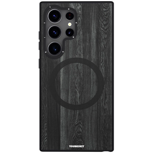 Samsung Galaxy S24 Ultra Kılıf Magsafe Şarj Özellikli Sararmaya Dayanıklı Youngkit Wood Forest Serisi Kapak - Siyah