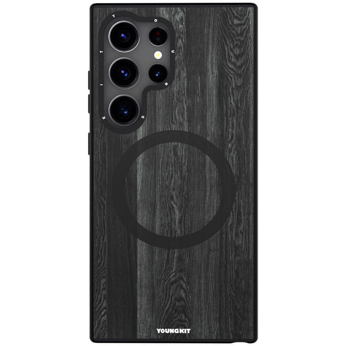 Samsung Galaxy S24 Ultra Kılıf Magsafe Şarj Özellikli Sararmaya Dayanıklı Youngkit Wood Forest Serisi Kapak - Siyah