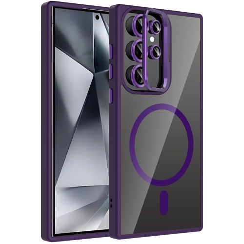 Samsung Galaxy S24 Ultra Kılıf Standlı ve Kamera Lens Hediyeli M-Safe Şarj Özellikli Etro Kapak - Derin Mor