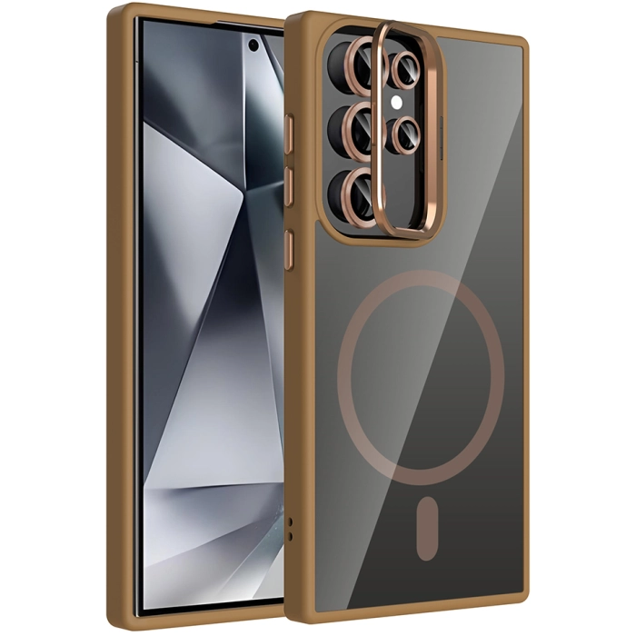 Samsung Galaxy S24 Ultra Kılıf Standlı ve Kamera Lens Hediyeli M-Safe Şarj Özellikli Etro Kapak - Desert Titanyum