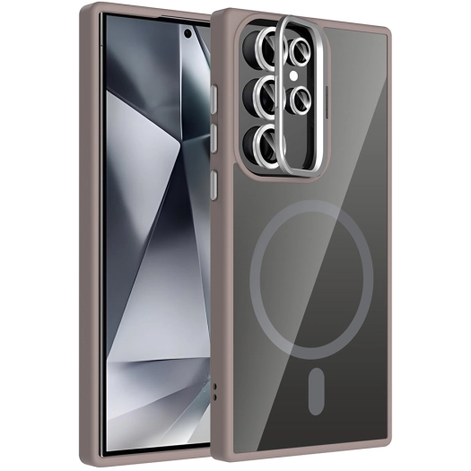 Samsung Galaxy S24 Ultra Kılıf Standlı ve Kamera Lens Hediyeli M-Safe Şarj Özellikli Etro Kapak - Gri