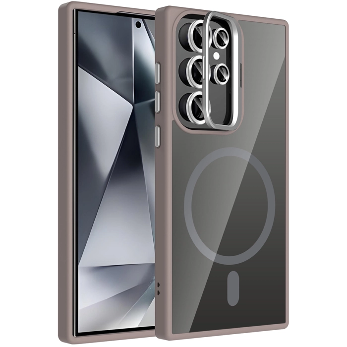 Samsung Galaxy S24 Ultra Kılıf Standlı ve Kamera Lens Hediyeli M-Safe Şarj Özellikli Etro Kapak - Gri