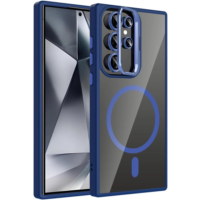 Samsung Galaxy S24 Ultra Kılıf Standlı ve Kamera Lens Hediyeli M-Safe Şarj Özellikli Etro Kapak - Lacivert