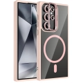 Samsung Galaxy S24 Ultra Kılıf Standlı ve Kamera Lens Hediyeli M-Safe Şarj Özellikli Etro Kapak - Pembe