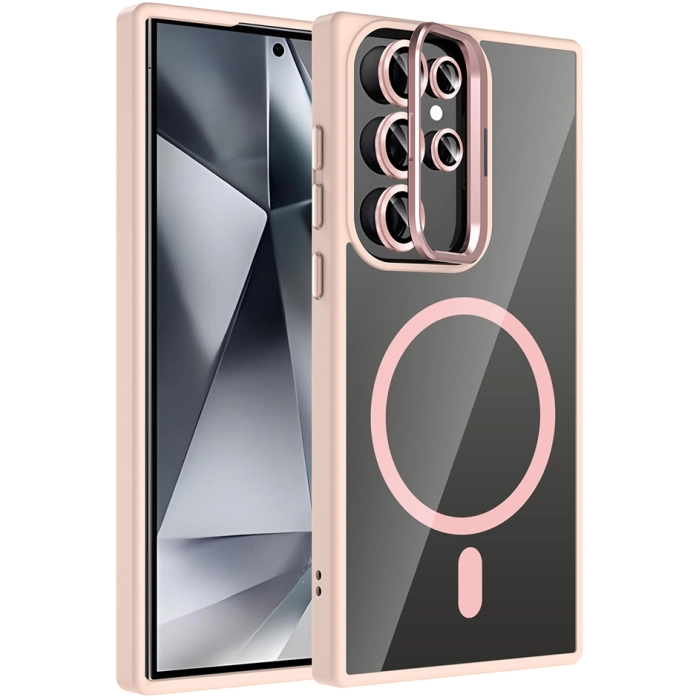 Samsung Galaxy S24 Ultra Kılıf Standlı ve Kamera Lens Hediyeli M-Safe Şarj Özellikli Etro Kapak - Pembe
