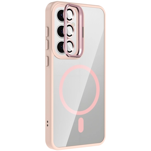 Samsung Galaxy S25 Kılıf Standlı ve Kamera Lens Hediyeli M-Safe Şarj Özellikli Etro Kapak - Pembe