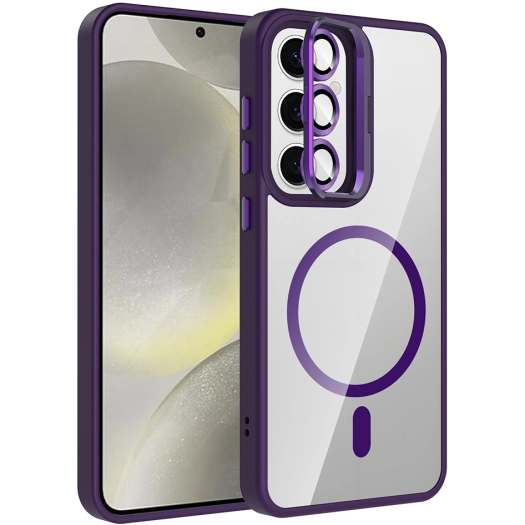 Samsung Galaxy S25 Kılıf Standlı ve Kamera Lens Hediyeli M-Safe Şarj Özellikli Etro Kapak - Derin Mor