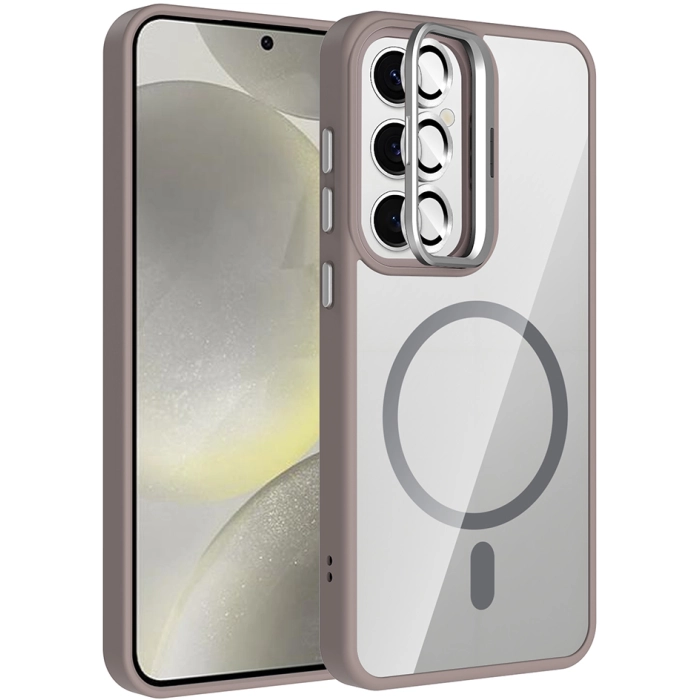 Samsung Galaxy S25 Kılıf Standlı ve Kamera Lens Hediyeli M-Safe Şarj Özellikli Etro Kapak - Gri