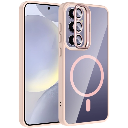 Samsung Galaxy S25 Plus Kılıf Standlı ve Kamera Lens Hediyeli M-Safe Şarj Özellikli Etro Kapak - Pembe