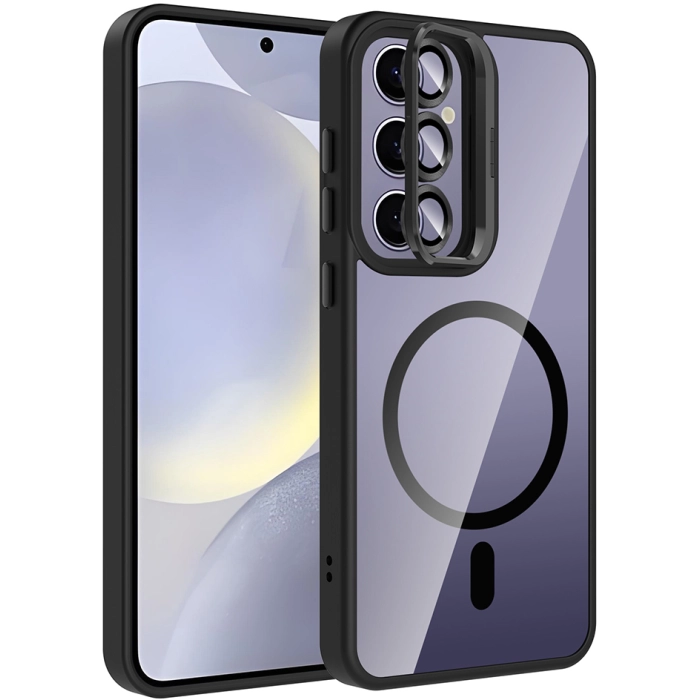 Samsung Galaxy S25 Plus Kılıf Standlı ve Kamera Lens Hediyeli M-Safe Şarj Özellikli Etro Kapak - Siyah