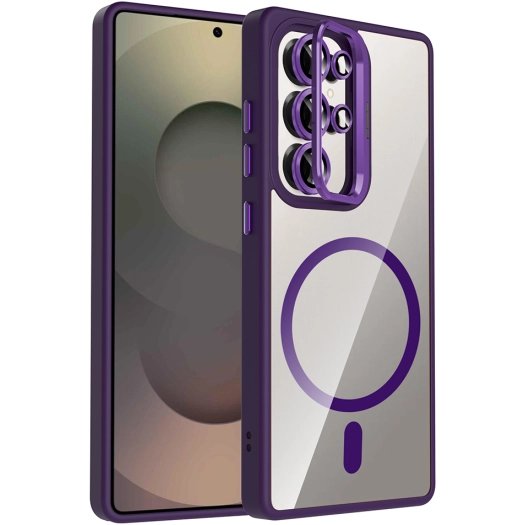 Samsung Galaxy S25 Ultra Kılıf Standlı ve Kamera Lens Hediyeli M-Safe Şarj Özellikli Etro Kapak - Derin Mor