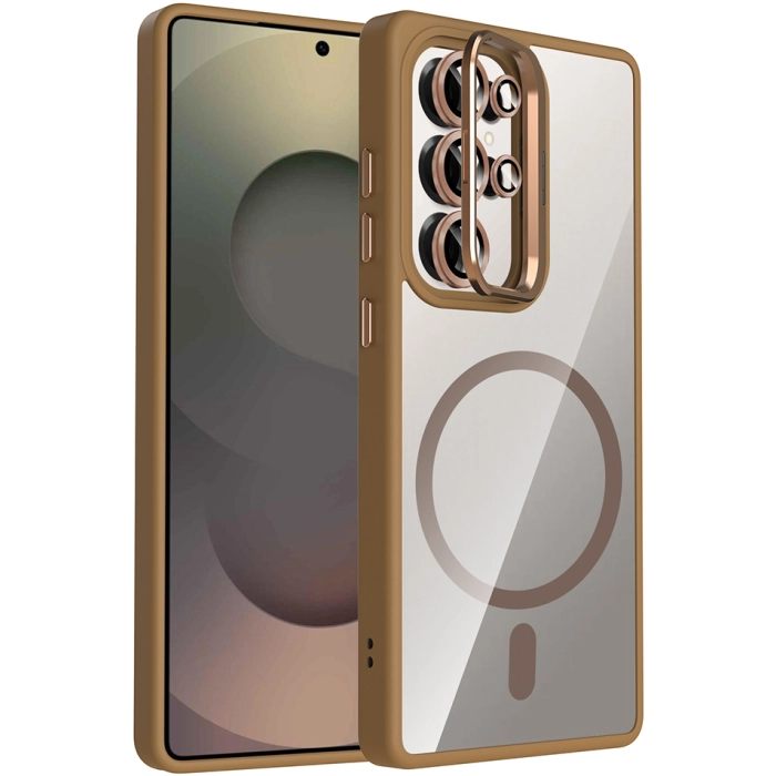 Samsung Galaxy S25 Ultra Kılıf Standlı ve Kamera Lens Hediyeli M-Safe Şarj Özellikli Etro Kapak - Desert Titanyum