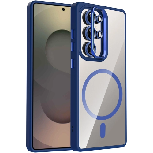 Samsung Galaxy S25 Ultra Kılıf Standlı ve Kamera Lens Hediyeli M-Safe Şarj Özellikli Etro Kapak - Lacivert