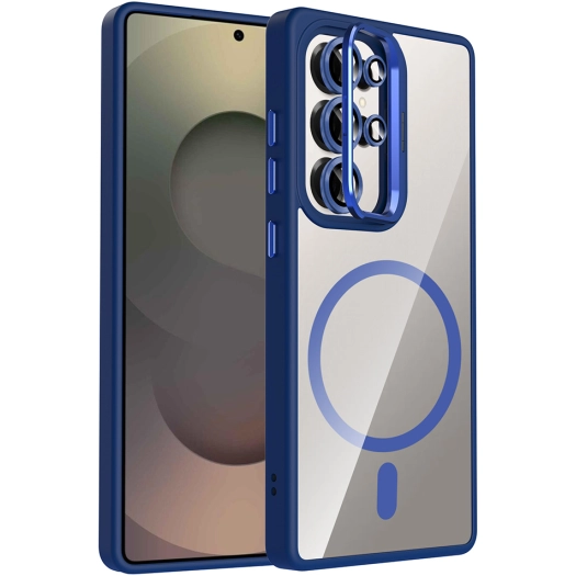 Samsung Galaxy S25 Ultra Kılıf Standlı ve Kamera Lens Hediyeli M-Safe Şarj Özellikli Etro Kapak - Lacivert