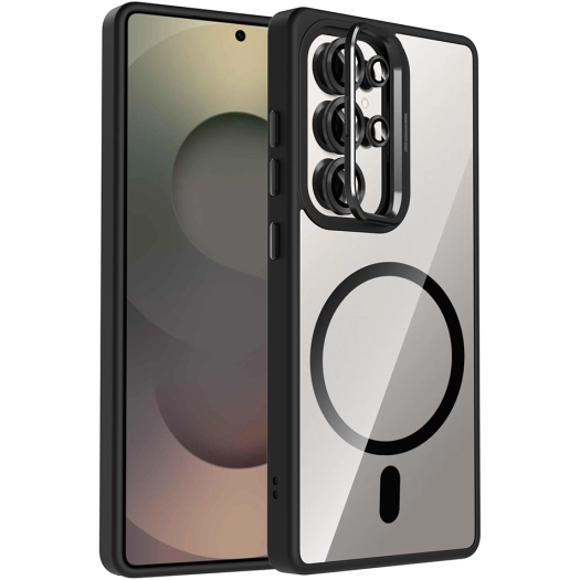 Samsung Galaxy S25 Ultra Kılıf Standlı ve Kamera Lens Hediyeli M-Safe Şarj Özellikli Etro Kapak - Siyah