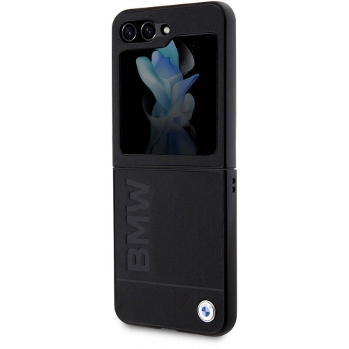 Galaxy Z Flip 5 Kılıf BMW Orjinal Lisanslı Sıcak Damga Logolu Deri Kapak - Siyah