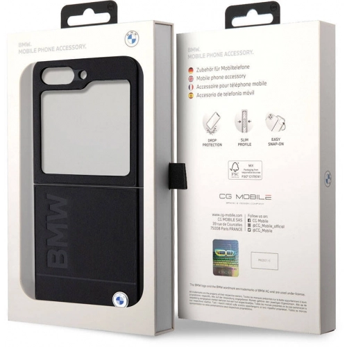 Galaxy Z Flip 5 Kılıf BMW Orjinal Lisanslı Sıcak Damga Logolu Deri Kapak - Siyah