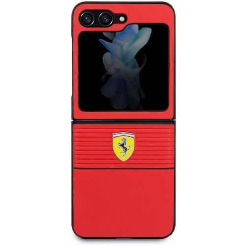 Galaxy Z Flip 5 Kılıf Ferrari Orjinal Lisanslı PU Deri Metal Logolu Multi Çizgili Kapak - Kırmızı